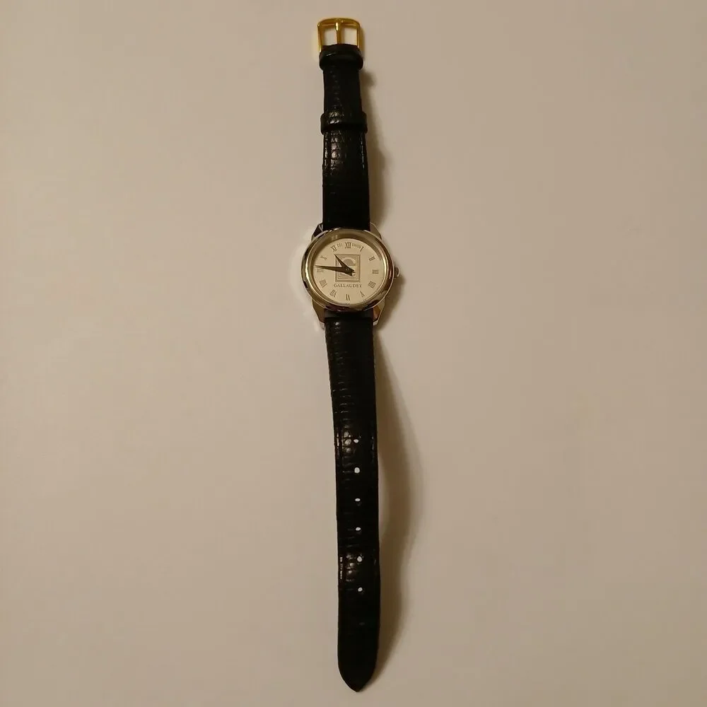 Gallaudet CSI Women's Silver Tone Dial Swiss Black Leather Band Watch WR 3ATM - Picture 1 of 12
